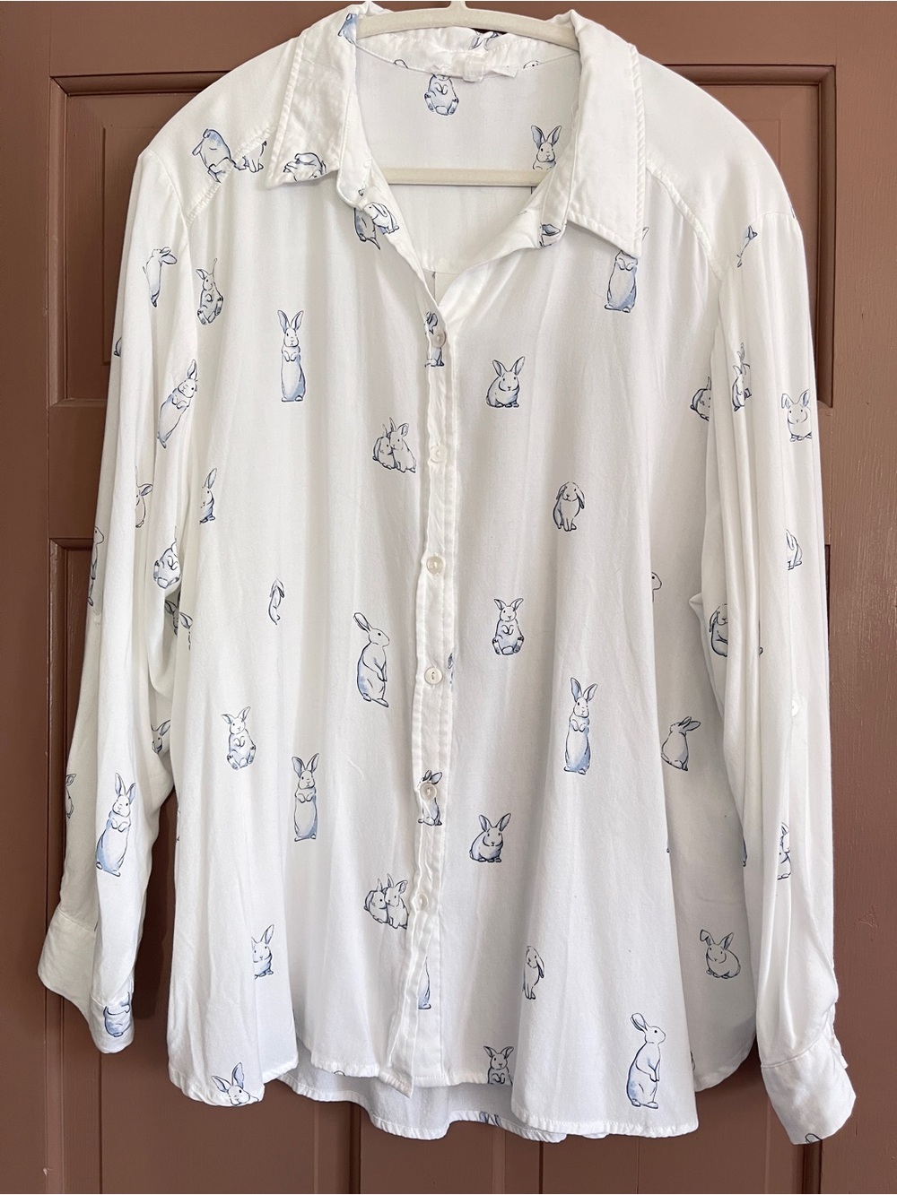 100% Rayon Button Down Blue Ivory Bunny Print Blouse Jane & Delancey 1x